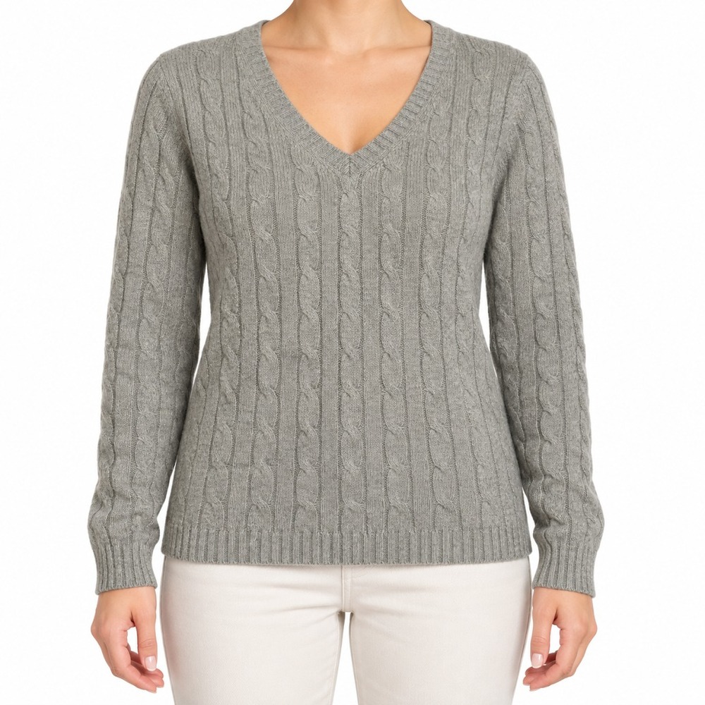 Lord & Taylor Sweater Women Cashmere Cable Knit V Neck Sweater Gray M Casual